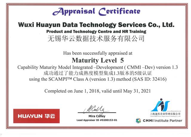 华云数据通过CMMI5全球软件领域最高级别认证